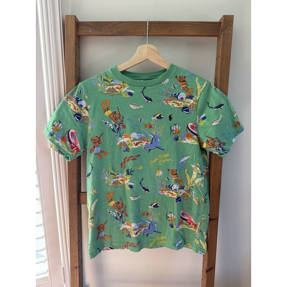 Polo Ralph Lauren T-Shirt Youth Boys Large 14-16 Green Scuba Bear Sharks Beach